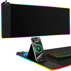 Pad with Phone Holder, Wireless Charging Desk Mat, RGB Gaming